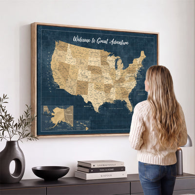 58851035-MGV-CV-36X24 - Custom Cream Push Pin USA Map Canvas Print, 50 State Bucket List Map, Family Room and Hallway Decor
