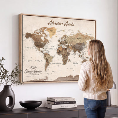 84865191-MGV-CV-36X24 - Our Family Adventures Push Pin World Map Wall Art Canvas Print - Family Travel Tracker Map with Pins