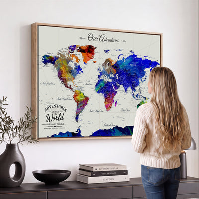 88162438-MGV-CV-36X24 - Our Family Adventures Push Pin World Map Wall Art Canvas Print | Family Travel Tracker Map with Pins