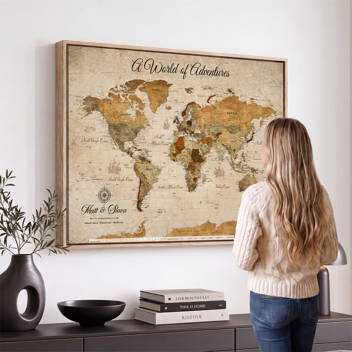88768647-MGV-CV-36X24 - Extra Large Framed Personalize Push Pin World Map Wall Art Canvas Print for Travel Tracking