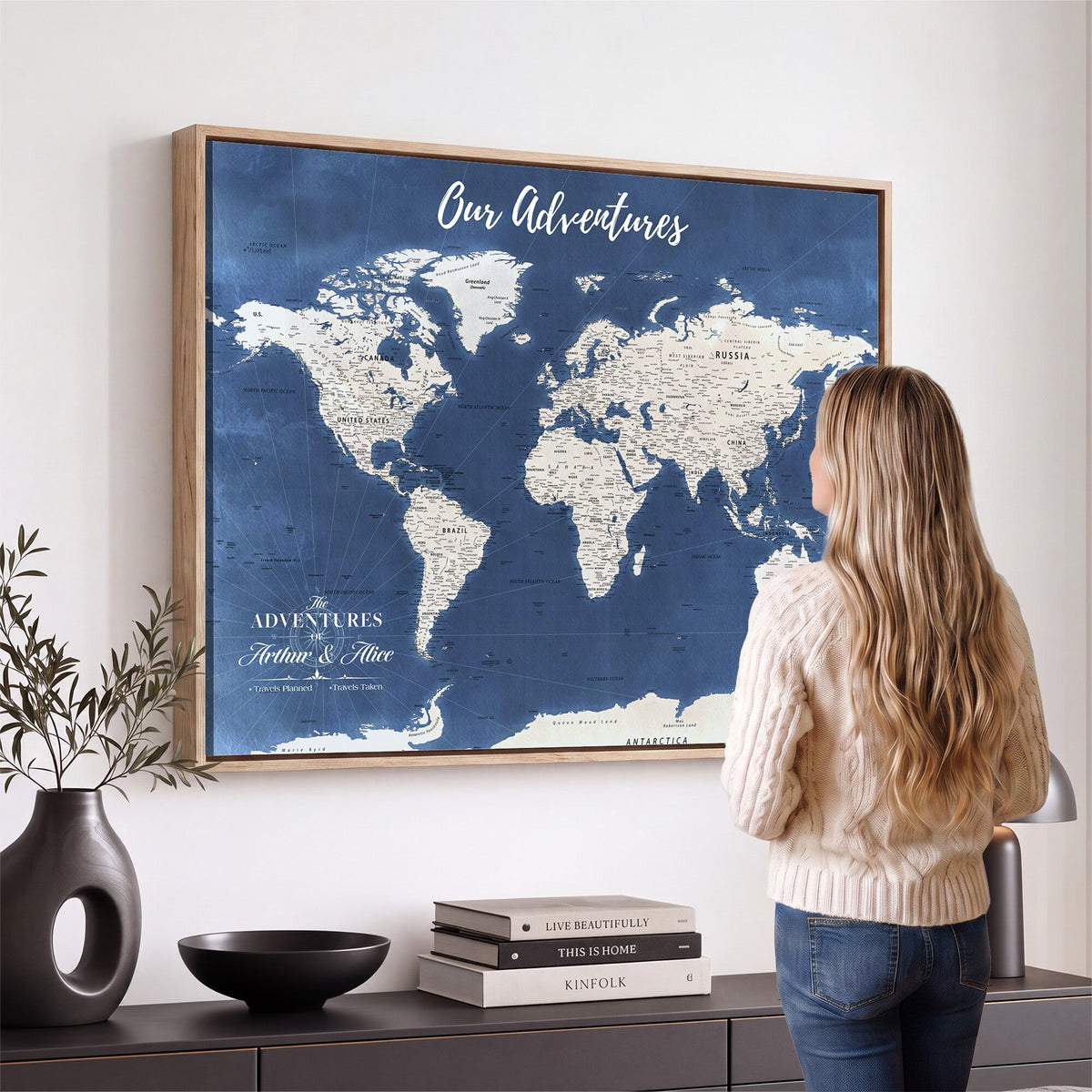 75405527-MGV-CV-36X24 - Extra Large Framed Personalize Push Pin World Map Wall Art Canvas Print for Travel Tracking - NEWMAP-113A