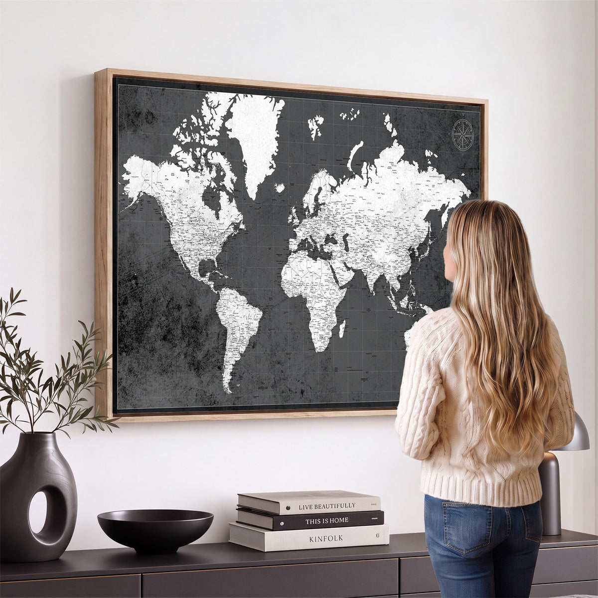 78574966-MGV-CV-36X24 - Extra Large Framed Personalize Push Pin World Map Wall Art Canvas Print for Travel Tracking - NEWMAP-128