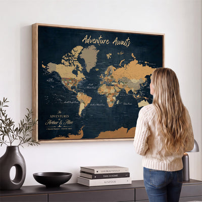 13350960-MGV-CV-36X24 - Extra Large Framed Personalize Push Pin World Map Wall Art Canvas Print for Travel Tracking
