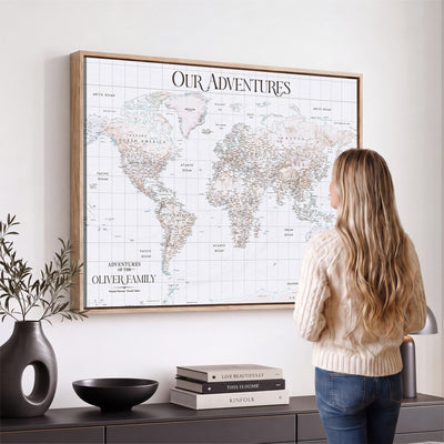 18074626D3DD-MGV-CV-36X24 - Extra Large Framed Personalized Push Pin World Map Wall Art Canvas Print for Travel Tracking
