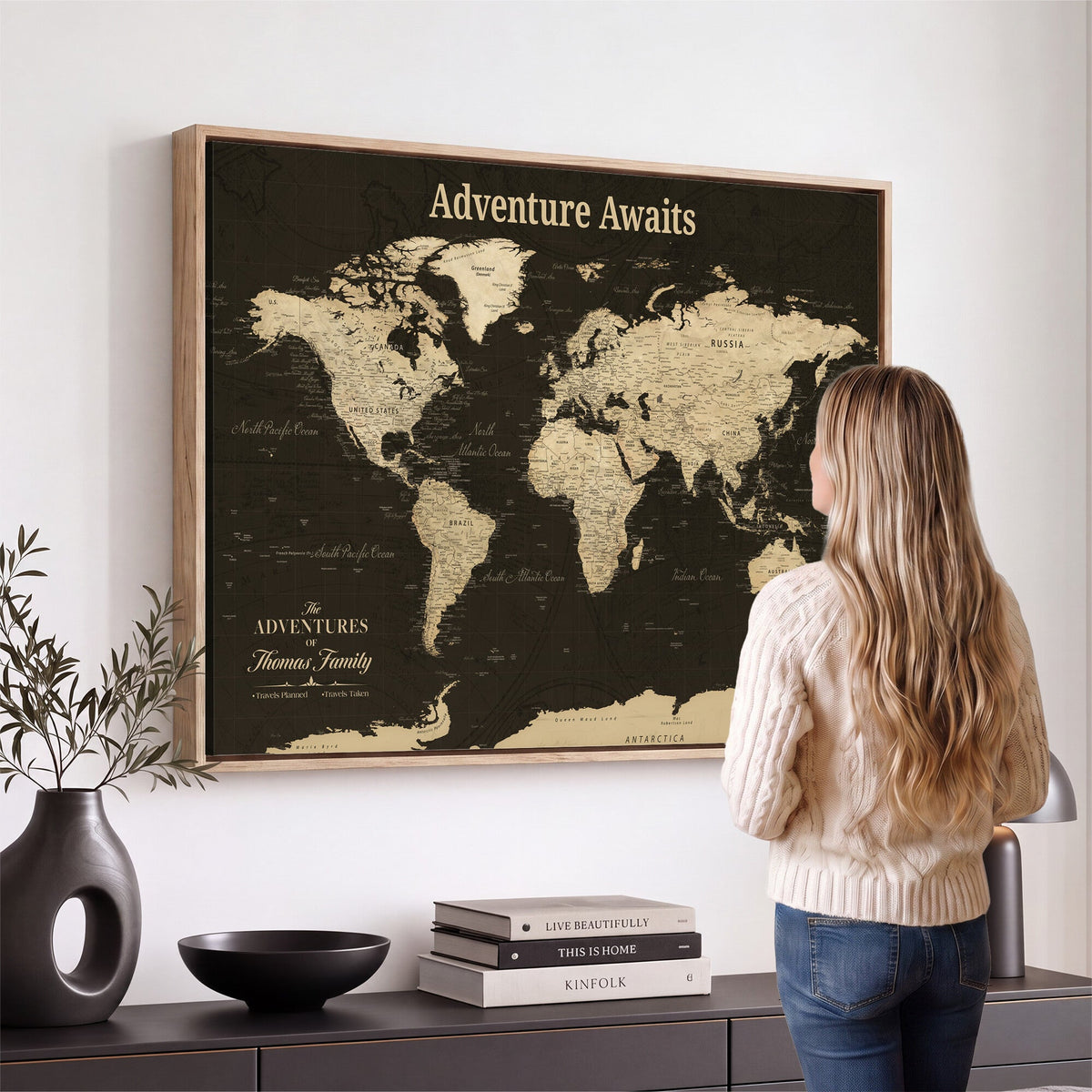 Custom Beige Modern World Travel Map Wall Art with Pins, Family Travel Tracker, Dining Room and Entryway Decor
