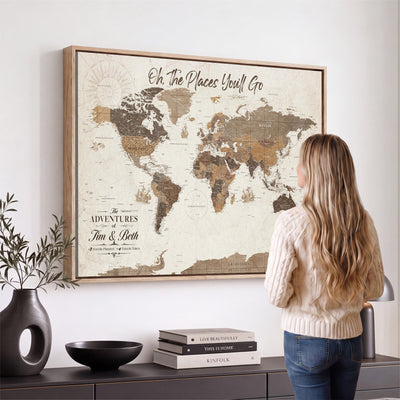 Personalized Beige Geometric Family Push Pin World Map Canvas Print, Honeymoon and Anniversary Gift, Living Room and Study Decor