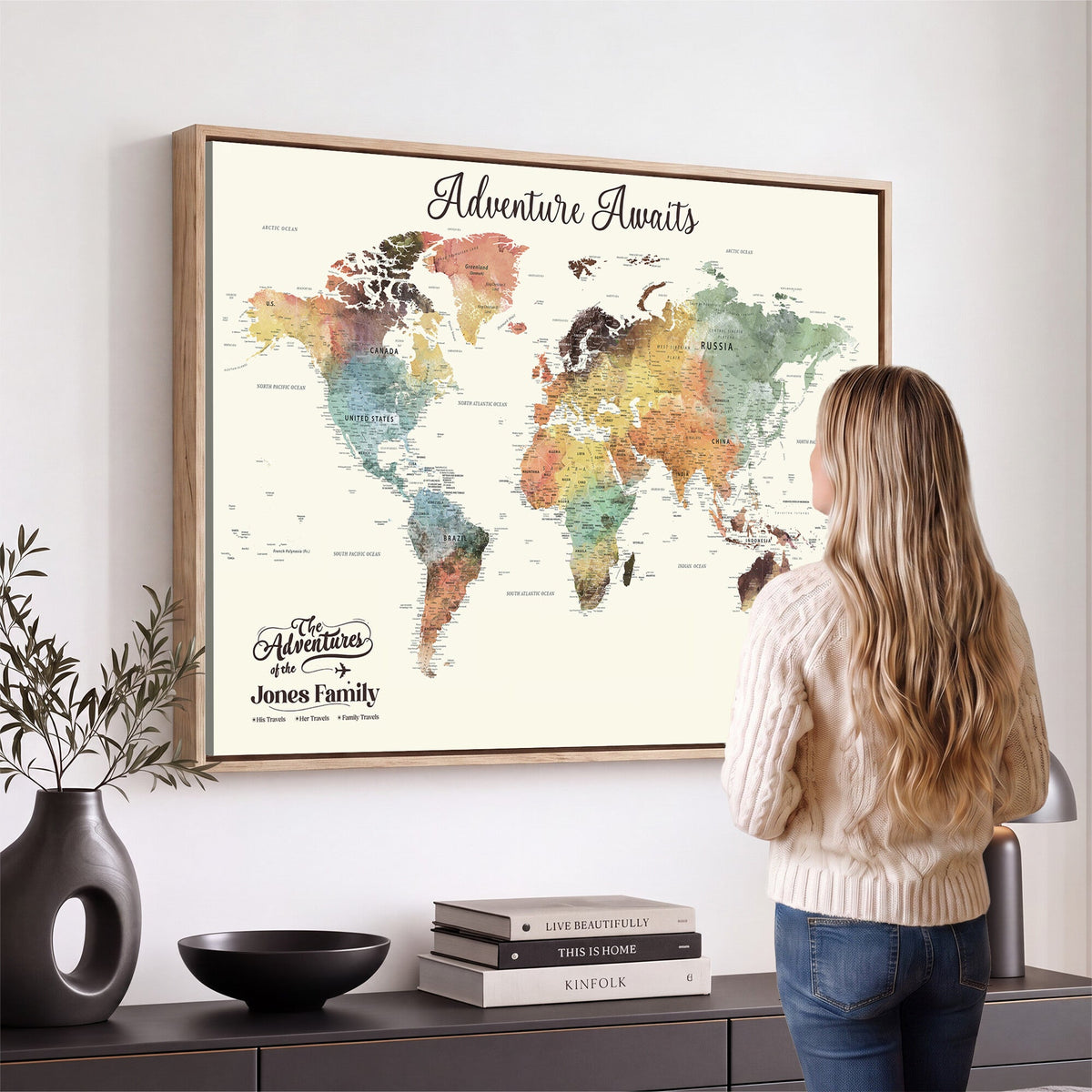 Personalized Framed Beige Modern Push Pin Travel Map Canvas Print, Family Travel Tracker, Bedroom and Home Office Decor