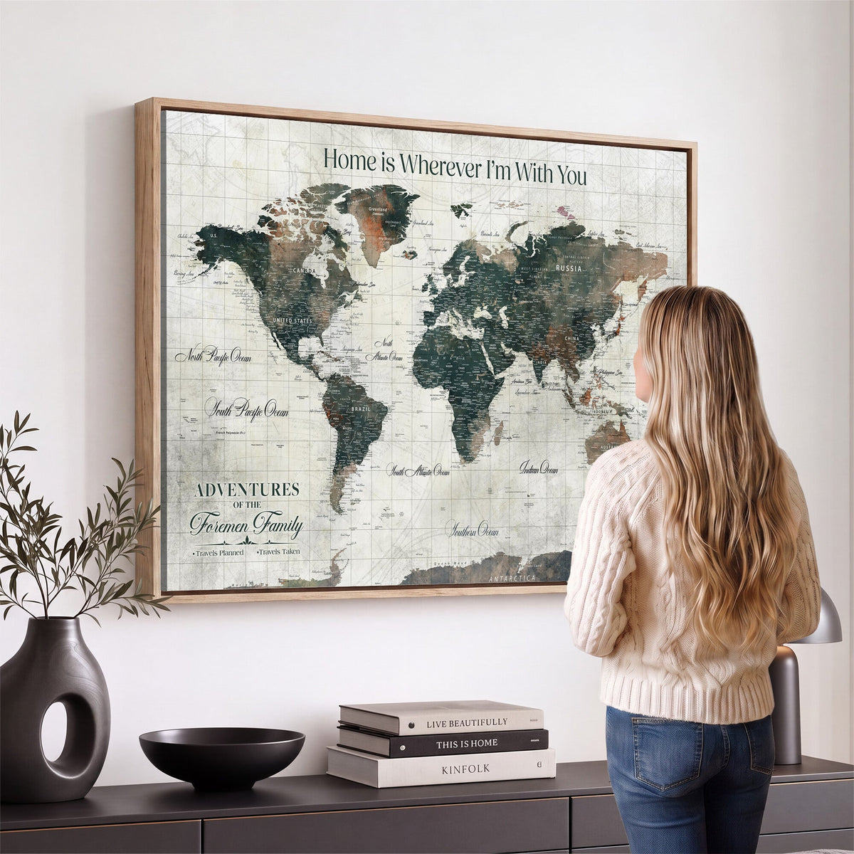 Personalized Framed Beige Push Pin Travel Map Canvas Print, Family Travel Tracker, Home Office and Hallway Decor