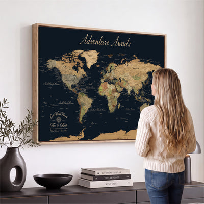 Custom Beige Push Pin World Map Wall Art, Family Travel Tracker, Home Office and Study Decor