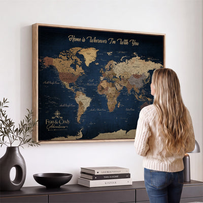 57774467-MGV-CV-36X24 - Custom Push Pin World Map Wall Art Canvas Print – Personalized Travel Tracker with Pins Framed Large for Home and Office Decor