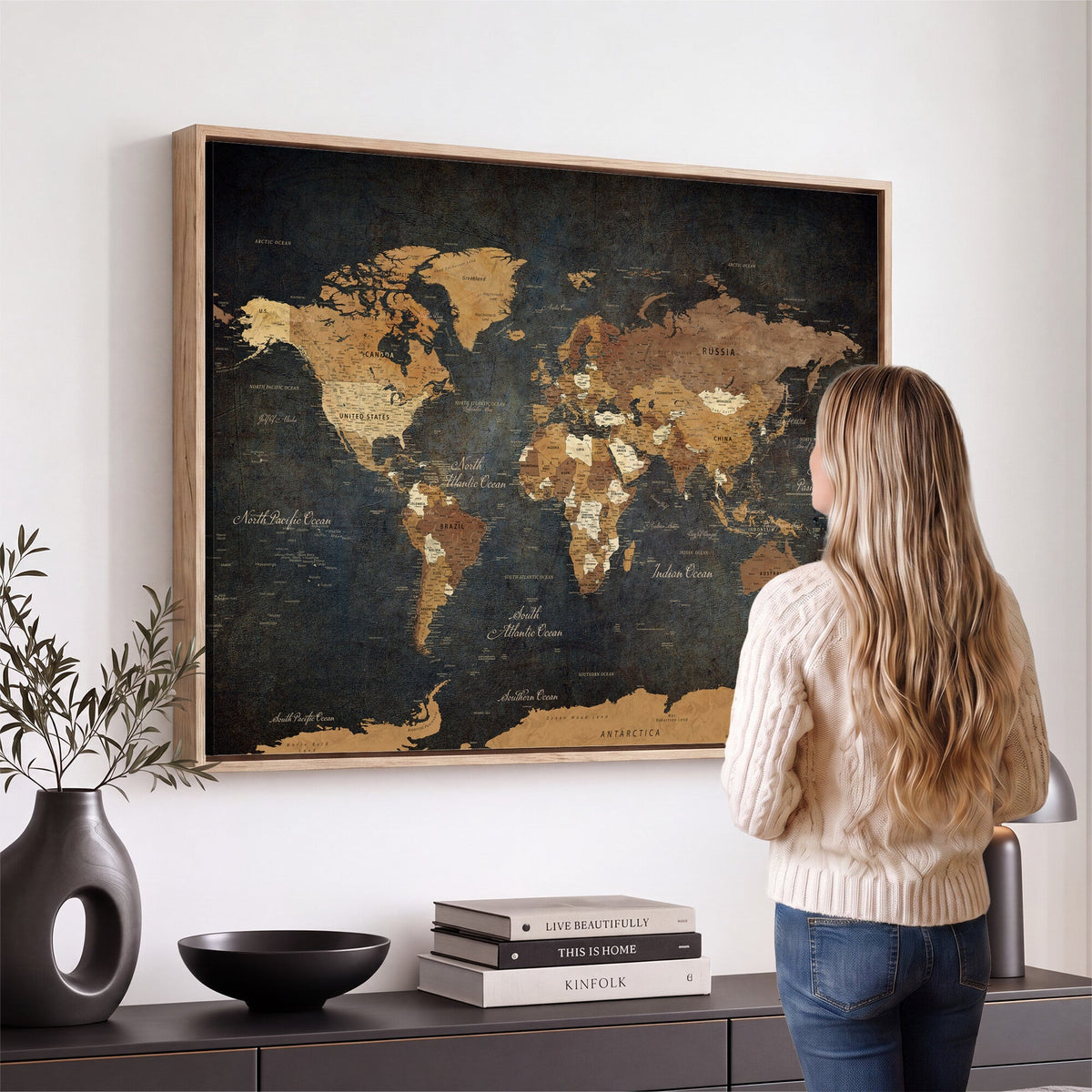 40660012D-MGV-CV-36X24 - Custom Push Pin World Map Wall Art Canvas Print – Personalized Travel Tracker with Pins Framed Large for Home and Office Decor