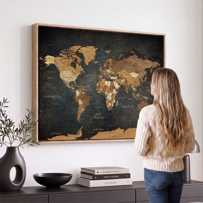 40660012D-MGV-CV-36X24 - Custom Push Pin World Map Wall Art Canvas Print – Personalized Travel Tracker with Pins Framed Large for Home and Office Decor