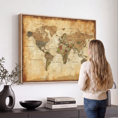 26621467D-MGV-CV-36X24 - Custom Push Pin World Map Wall Art Canvas Print – Personalized Travel Tracker with Pins Framed Large for Home and Office Decor