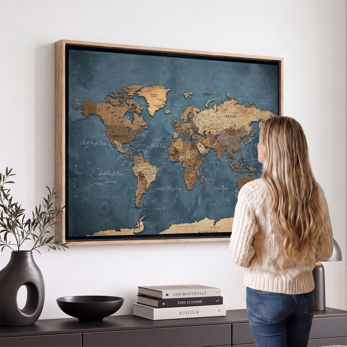 81949666D-MGV-CV-36X24 - Custom Push Pin World Map Wall Art Canvas Print – Personalized Travel Tracker with Pins Framed Large for Home and Office Decor