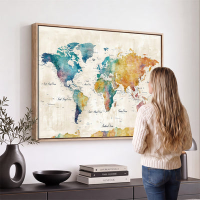53654999D-MGV-CV-36X24 - Custom Push Pin World Map Wall Art Canvas Print – Personalized Travel Tracker with Pins Framed Large for Home and Office Decor