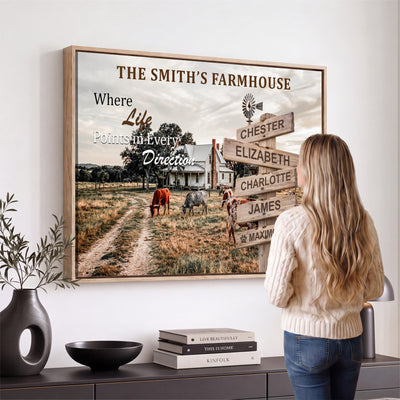 Personalized Farmhouse Family Signpost Canvas, Custom Name Wall Art
