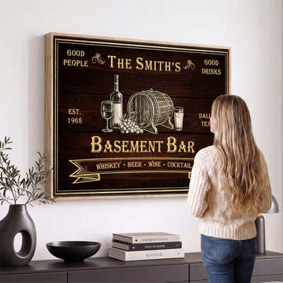Custom Basement Bar Sign Canvas, Personalized Family Home Bar Wall Art