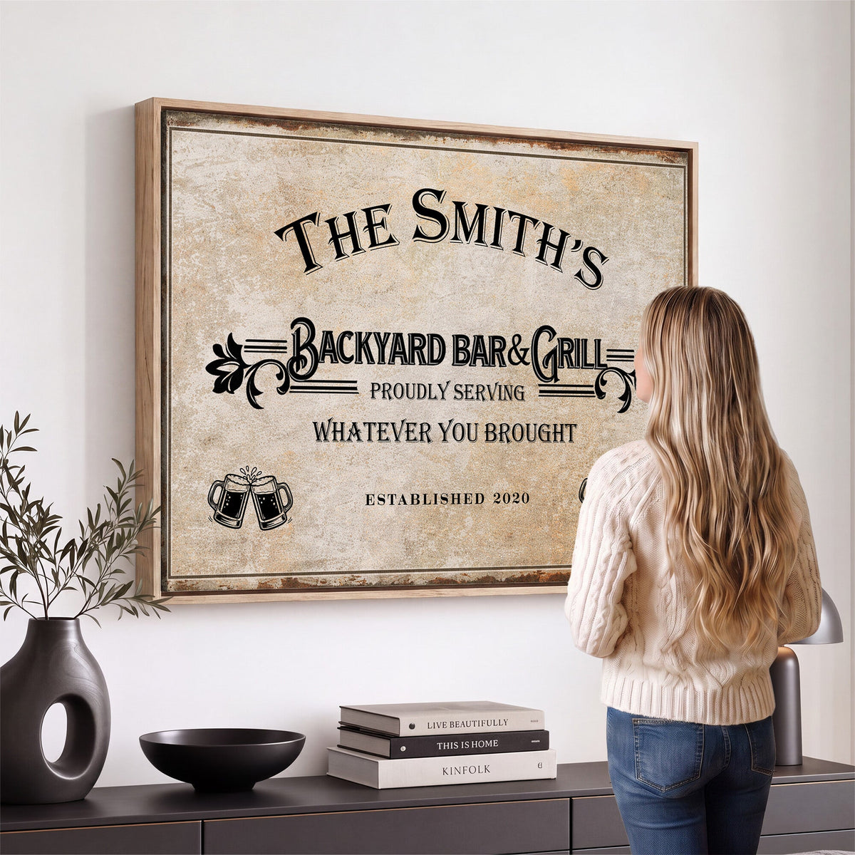 Custom Backyard Bar & Grill Sign, Personalized Family Name Arch Canvas