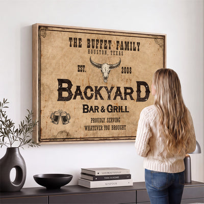 Custom Backyard Bar & Grill Sign Canvas, Personalized Family Name Sign