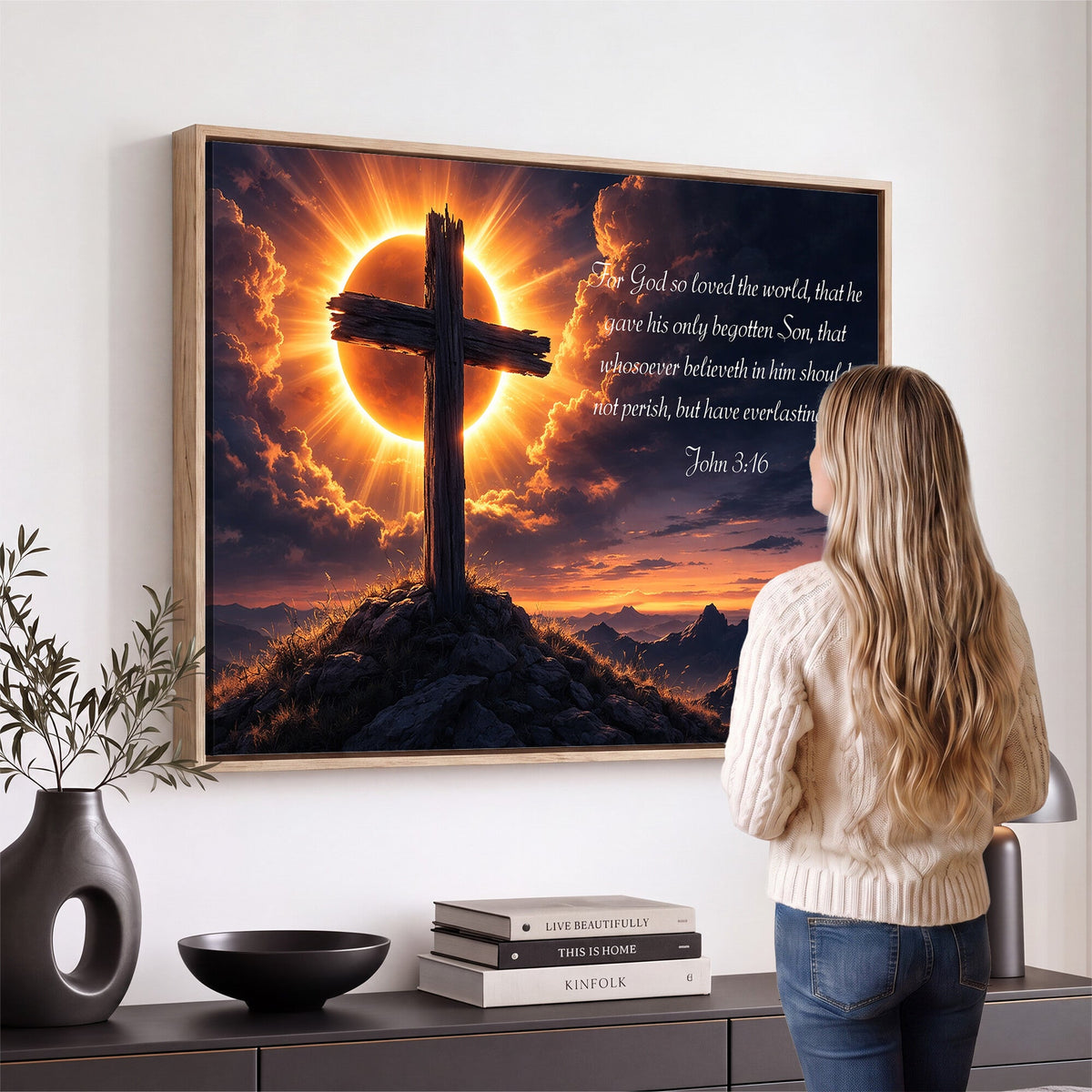 PatioSign02JSS-MGV-CV-36X24 - Custom Bible Verse Cross Canvas, Personalized Christian Wall Art