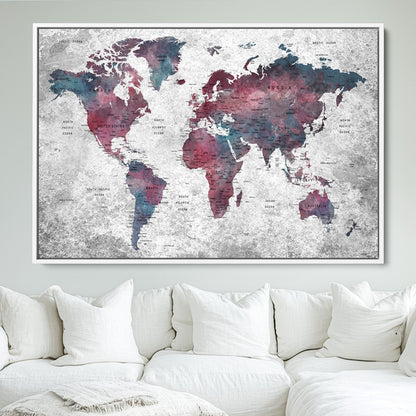 Push Pin World Map Canvas Print – Framed Wall Art for Couples to Track Their Travels – Anniversary Gift or Home Adventure Decor