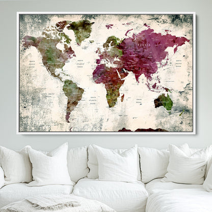 Push Pin World Map Canvas Print – Framed Wall Art for Couples to Track Their Travels – Anniversary Gift or Home Adventure Decor