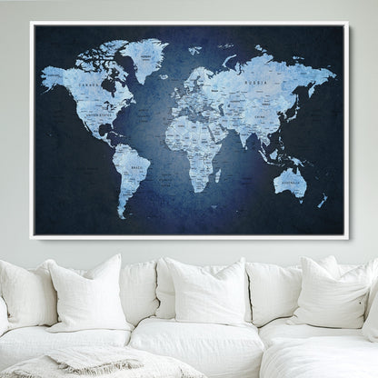 Push Pin World Map Canvas Print – Framed Wall Art for Couples to Track Their Travels – Anniversary Gift or Home Adventure Decor