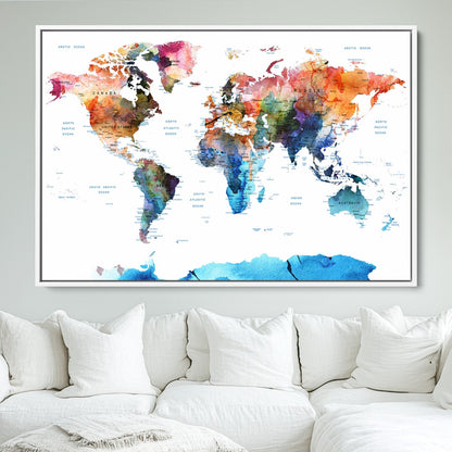 Push Pin World Map Canvas Print – Framed Wall Art for Couples to Track Their Travels – Anniversary Gift or Home Adventure Decor