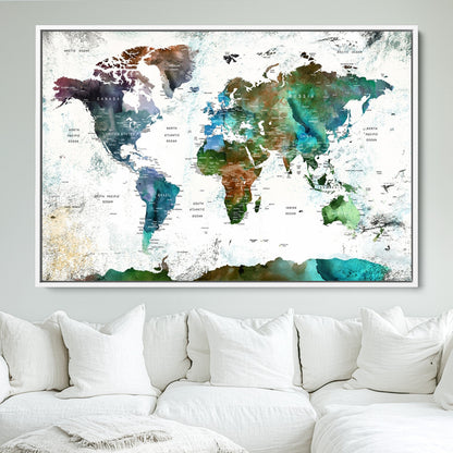 Push Pin World Map Canvas Print – Framed Wall Art for Couples to Track Their Travels – Anniversary Gift or Home Adventure Decor