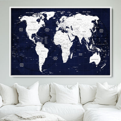 Push Pin World Map Canvas Print – Framed Wall Art for Couples to Track Their Travels – Anniversary Gift or Home Adventure Decor
