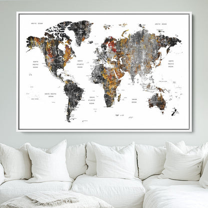 Push Pin World Map Canvas Print – Framed Wall Art for Couples to Track Their Travels – Anniversary Gift or Home Adventure Decor