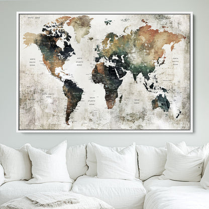 Push Pin World Map Canvas Print – Framed Wall Art for Couples to Track Their Travels – Anniversary Gift or Home Adventure Decor