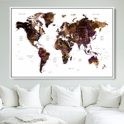 Push Pin World Map Canvas Print – Framed Wall Art for Couples to Track Their Travels – Anniversary Gift or Home Adventure Decor