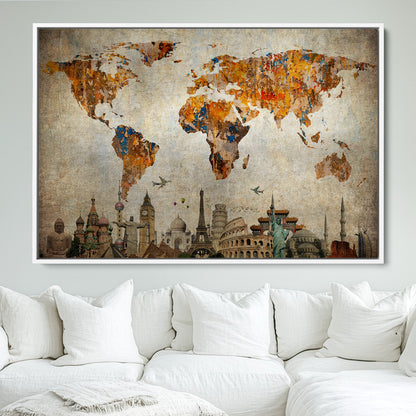 Push Pin World Map Canvas Print – Framed Wall Art for Couples to Track Their Travels – Anniversary Gift or Home Adventure Decor