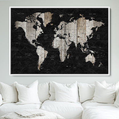 Push Pin World Map Canvas Print – Framed Wall Art for Couples to Track Their Travels – Anniversary Gift or Home Adventure Decor