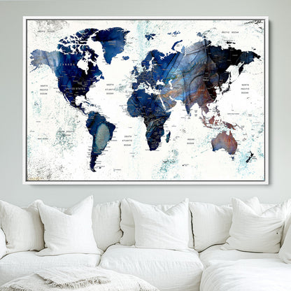 Push Pin World Map Canvas Print – Framed Wall Art for Couples to Track Their Travels – Anniversary Gift or Home Adventure Decor