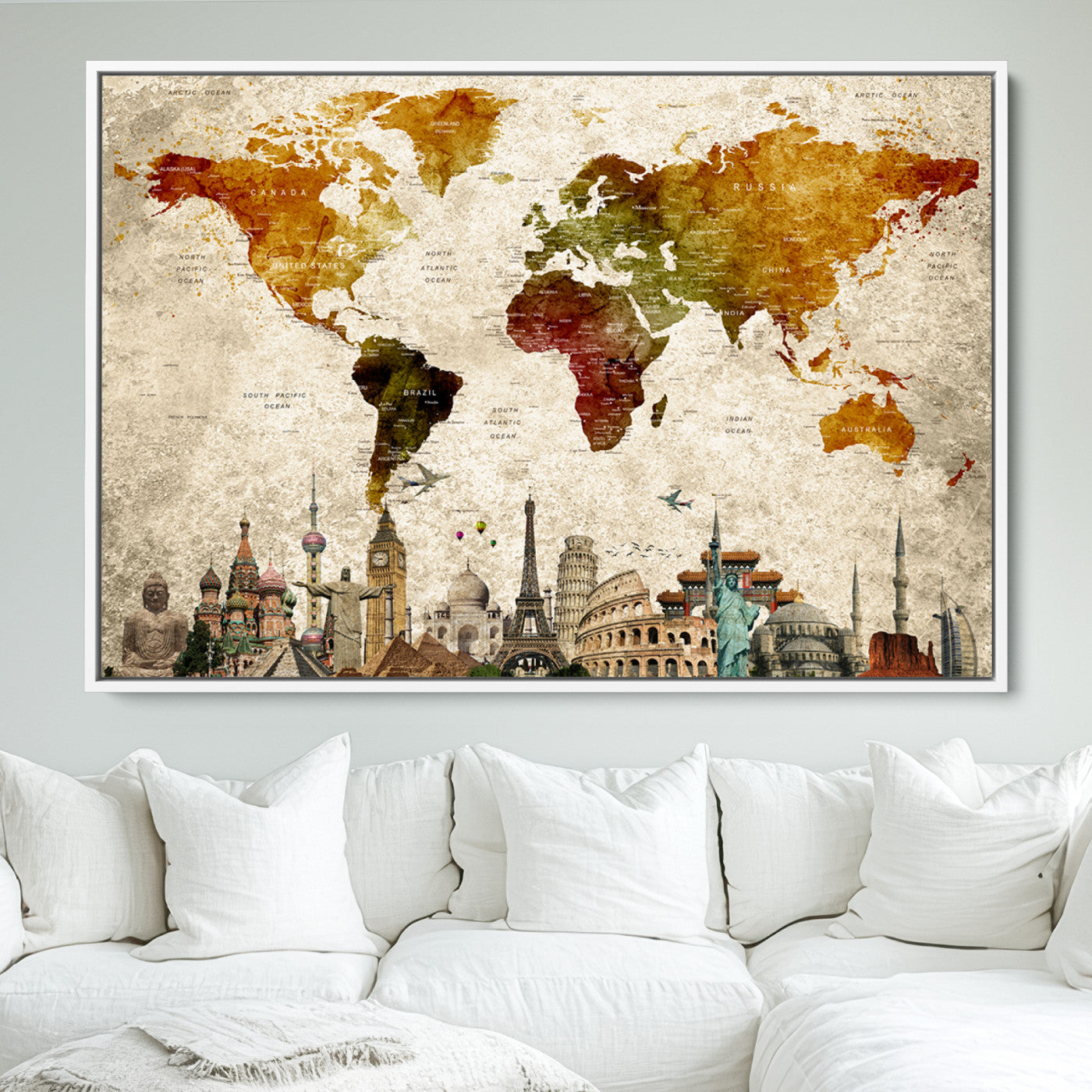 Push Pin World Map Canvas Print – Framed Wall Art for Couples to Track Their Travels – Anniversary Gift or Home Adventure Decor