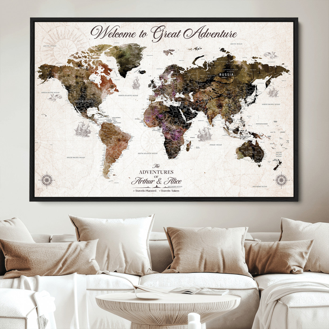 35778202-MGV-CV-36X24-Custom Push Pin World Map Wall Canvas Print – Personalized Travel Map with Pins – Framed Large Canvas for Home Office Decor