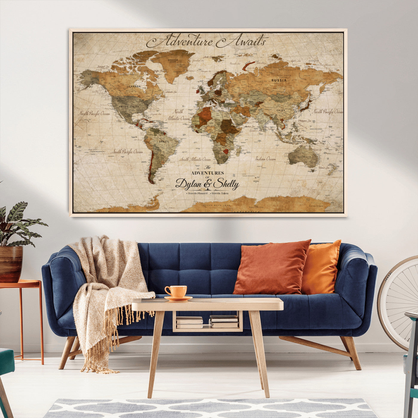 20810820-MGV-CV-30X20-Personalized World Map Print, Customizable Push Pin Framed World Map Print on Canvas - Custom Quote on Map Print