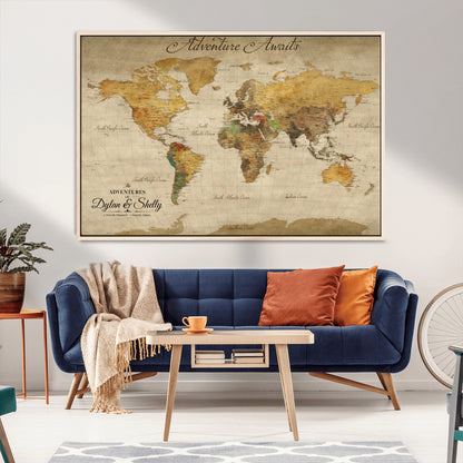 50298017-MGV-CV-36X24-Personalized World Map Print, Customizable Push Pin Framed World Map Print on Canvas - Custom Quote on Map Print