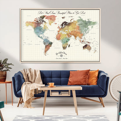 29289638-MGV-CV-36X24-Personalized World Map Print - Customizable Push Pin Framed World Map Print on Canvas - Custom Quote on Map Print