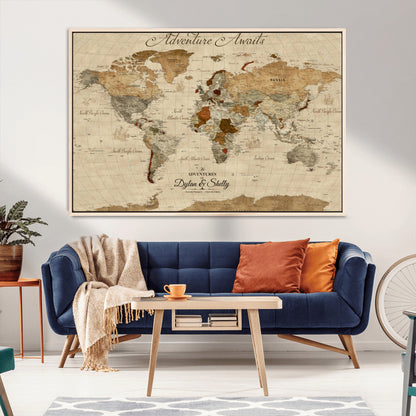 29054239-MGV-CV-36X24-Personalized World Map Print - Customizable Push Pin Framed World Map Print on Canvas - Custom Quote on Map Print