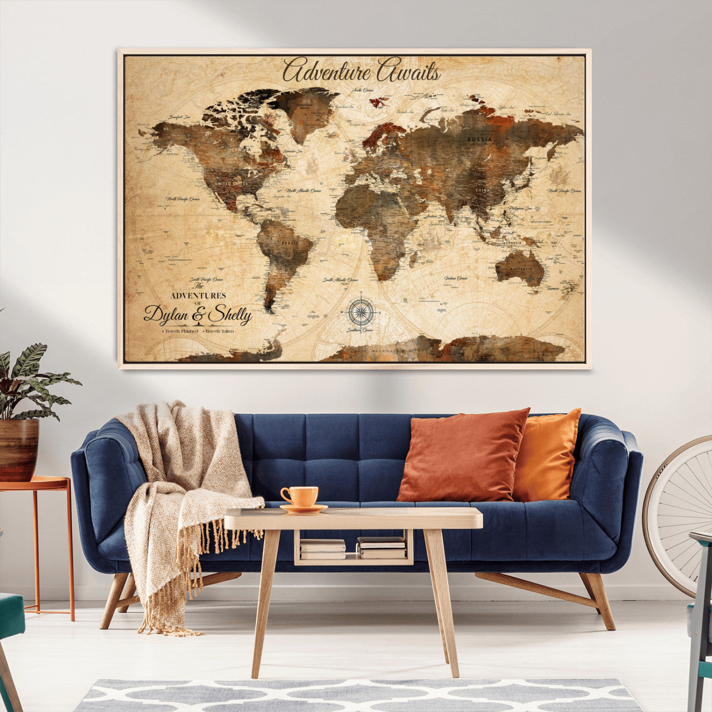 66357947-MGV-CV-36X24-Personalized World Map Print, Customizable Push Pin Framed World Map Print on Canvas - Custom Quote on Map Print