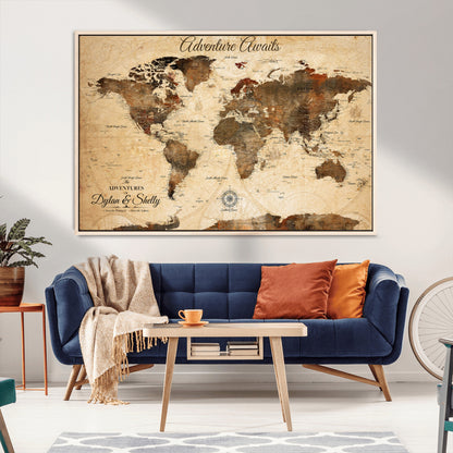 66357947-MGV-CV-36X24-Personalized World Map Print, Customizable Push Pin Framed World Map Print on Canvas - Custom Quote on Map Print