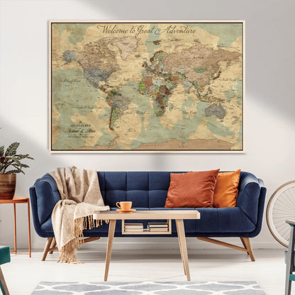 17693651-MGV-CV-36X24-Custom Push Pin World Map Wall Canvas Print – Personalized Travel Tracker with Pins – Framed Custom Quotie Canvas for Home Office Decor Art Print