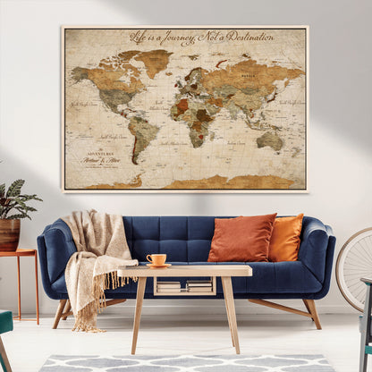 79036691-MGV-CV-30X20-Custom Push Pin World Map Wall Canvas Print – Personalized Travel Tracker with Pins – Framed Custom Quotie Canvas for Home Office Decor