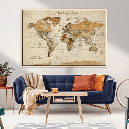64295326-MGV-CV-30X20-Custom Push Pin World Map Wall Canvas Print – Personalized Travel Tracker with Pins – Framed Custom Quotie Canvas for Home Office Decor
