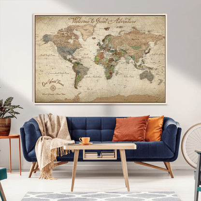 76478536-MGV-CV-30X20-Custom Push Pin World Map Wall Canvas Print – Personalized Travel Tracker with Pins – Framed Custom Quotie Canvas for Home Office Decor