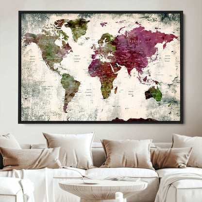 Push Pin World Map Canvas Print – Framed Wall Art for Couples to Track Their Travels – Anniversary Gift or Home Adventure Decor