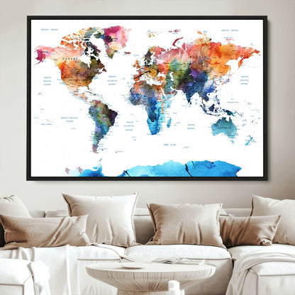 Push Pin World Map Canvas Print – Framed Wall Art for Couples to Track Their Travels – Anniversary Gift or Home Adventure Decor